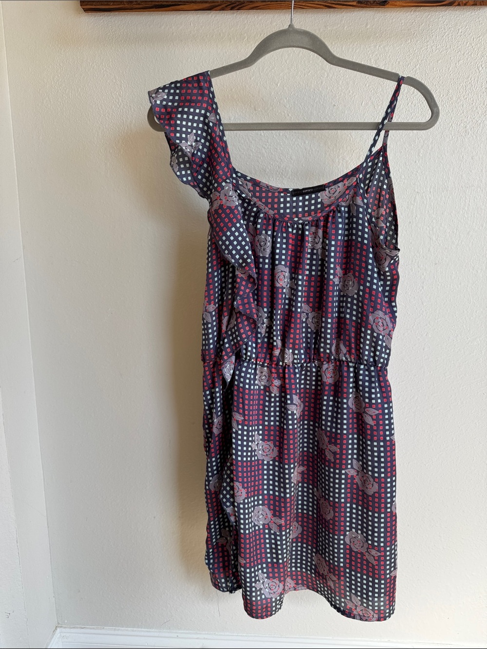 Soprano Navy and Pink Floral One-Shoulder Casual Dress